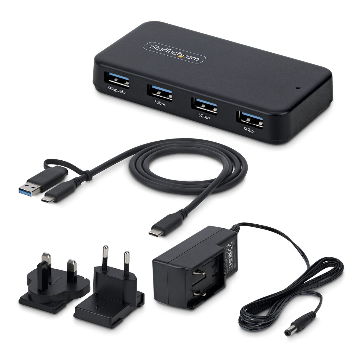 StarTech.com 4-Port USB-A Hub, 5Gbps, Self-Powered, 2-in-1 USB-C and USB-A Host Cable, 1x BC 1.2 Charging Port, 24W Power Adapter Included, MacBook and Windows