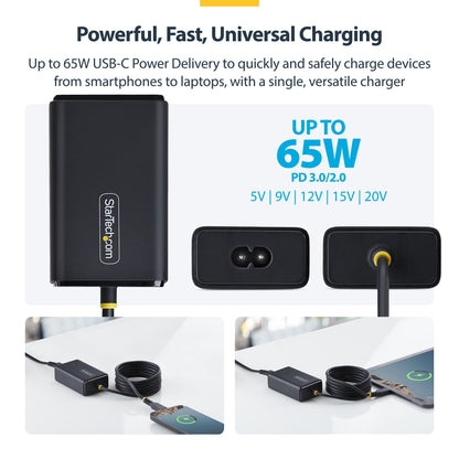 StarTech.com 65W USB-C Laptop Charger, 1.5m Tethered USB-C Cable, Power Adapter Brick for Dell, XPS, HP ProBook, MacBook Pro, Microsoft Surface Pro