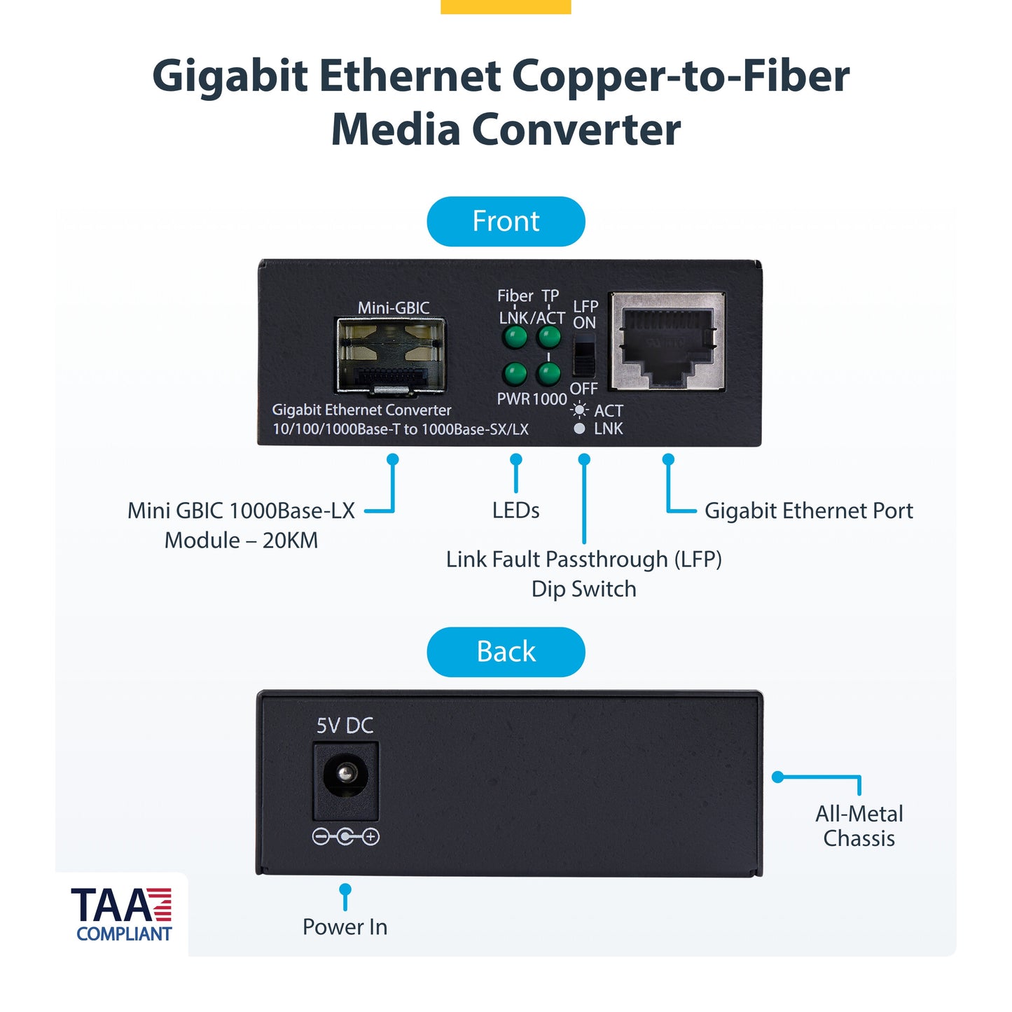 StarTech.com Single-Mode (SM) LC Fiber Media Converter for 10/100/1000 Networks, Standalone Gigabit Ethernet to Fiber Converter, 20km - TAA