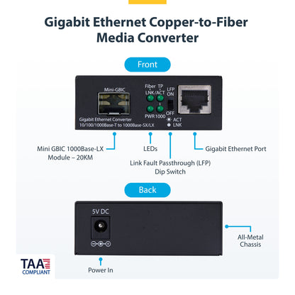 StarTech.com Single-Mode (SM) LC Fiber Media Converter for 10/100/1000 Networks, Standalone Gigabit Ethernet to Fiber Converter, 20km - TAA