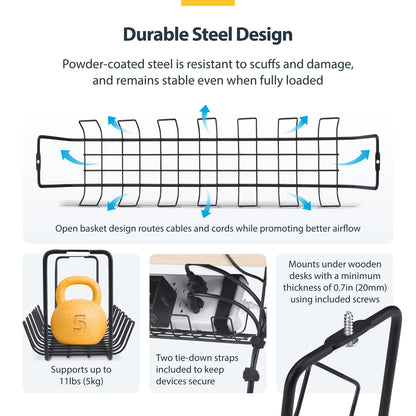 StarTech.com Under Desk Cable Management Tray, 24" Long, Metal Basket Style Cable Organizer, Screw-On Installation, Power Bar Holder, Metal, Black, TAA-Compliant