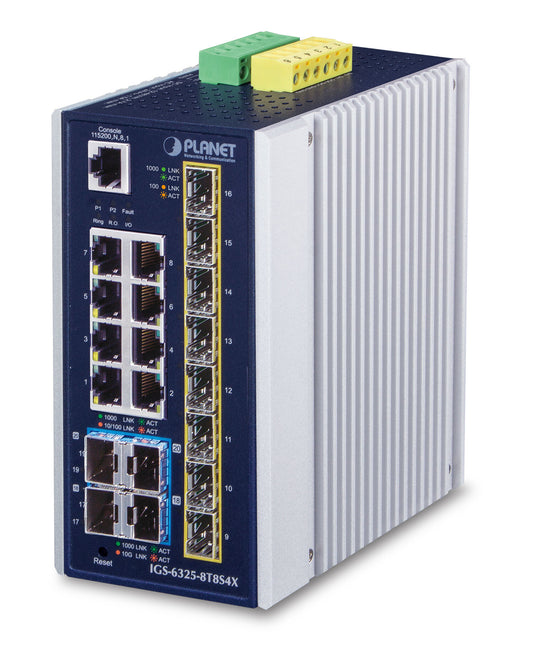 PLANET IP30 Industrial L3 8-Port network switch, Managed, blue and white