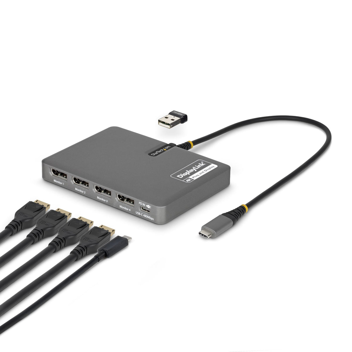 StarTech.com USB-C to Quad-Monitor Workstation Adapter, 4K 60Hz DisplayPort, 140W PD Passthrough for Laptop Charging, USB Port for Wireless Keyboard / Mouse, TAA