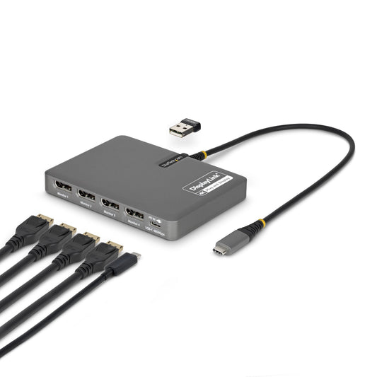 StarTech.com USB-C to Quad-Monitor Workstation Adapter, 4K 60Hz DisplayPort, 140W PD Passthrough for Laptop Charging, USB Port for Wireless Keyboard / Mouse, TAA