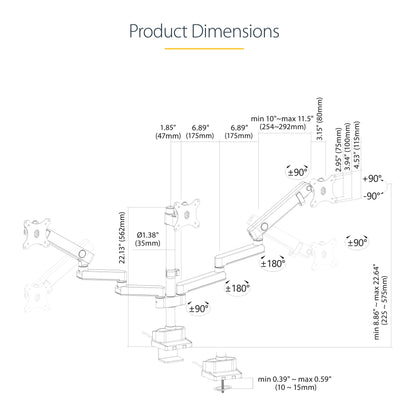 StarTech.com Triple Monitor Desk Mount For Up To Three 27in Screens, VESA 75x75/100x100, Tool-Less Arm Adjustments, C-Clamp/Grommet Mount, Spring-Assisted Arms