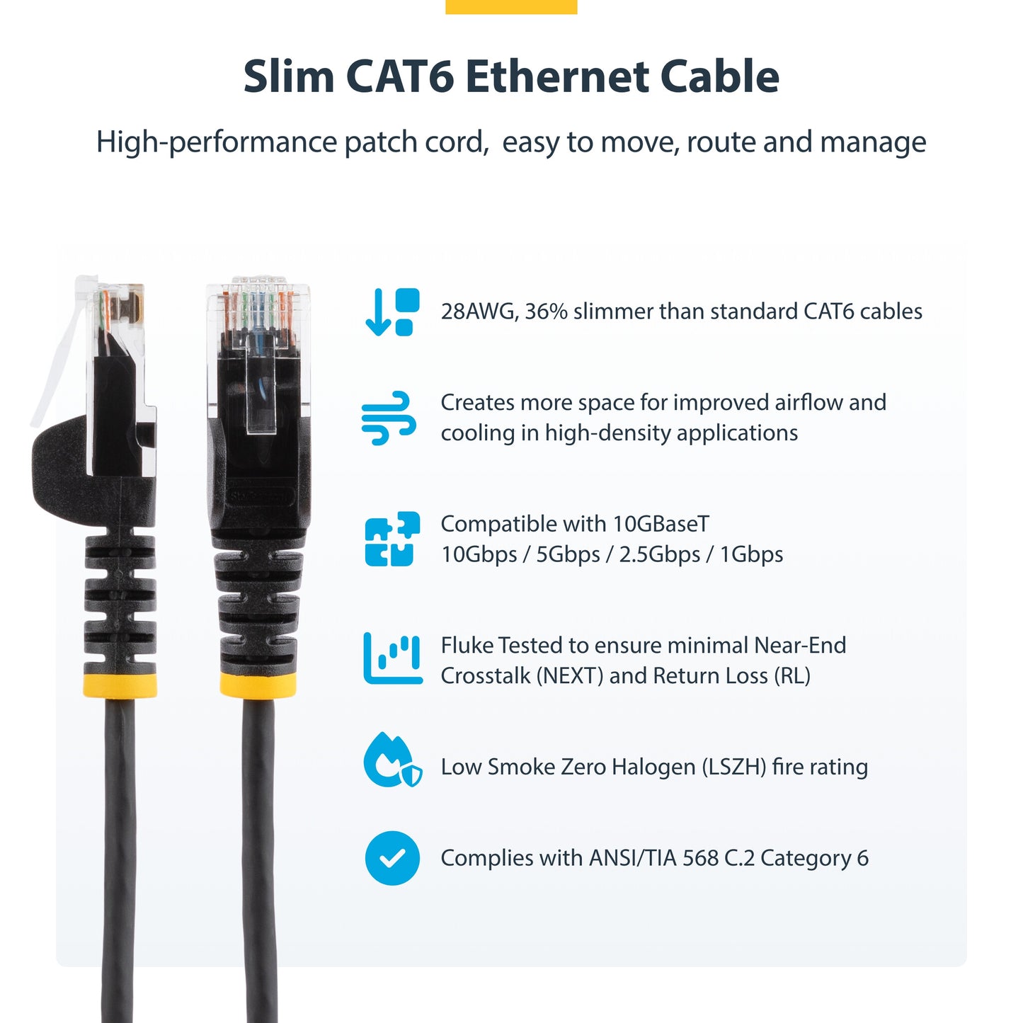 StarTech.com 2m Orange Slim CAT6 Ethernet Cable, Snagless, 100W PoE, UTP, LSZH, 28AWG Pure Bare Copper Wire, Slim RJ45 Network Patch Cord w/Strain Reliefs, Individually Tested