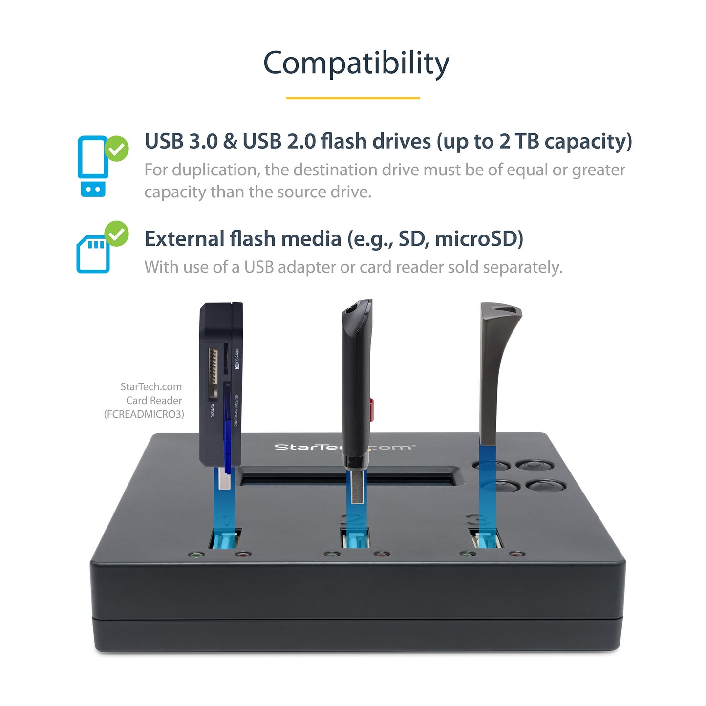 StarTech.com Standalone 1 to 2 USB Thumb Drive Duplicator and Eraser, Multiple USB Flash Drive Copier, System and File and Whole-Drive Copy at 1.5 GB/min, Single and 3-Pass Erase, LCD Display - TAA