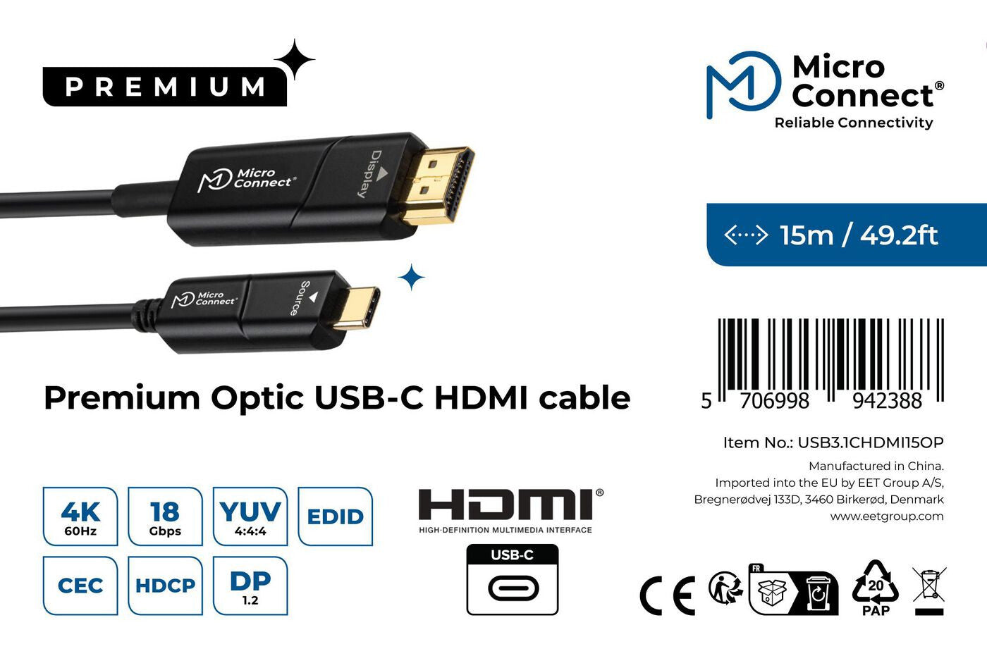 Microconnect USB3.1CHDMI15OP video cable adapter 15 m USB Type-C HDMI Black