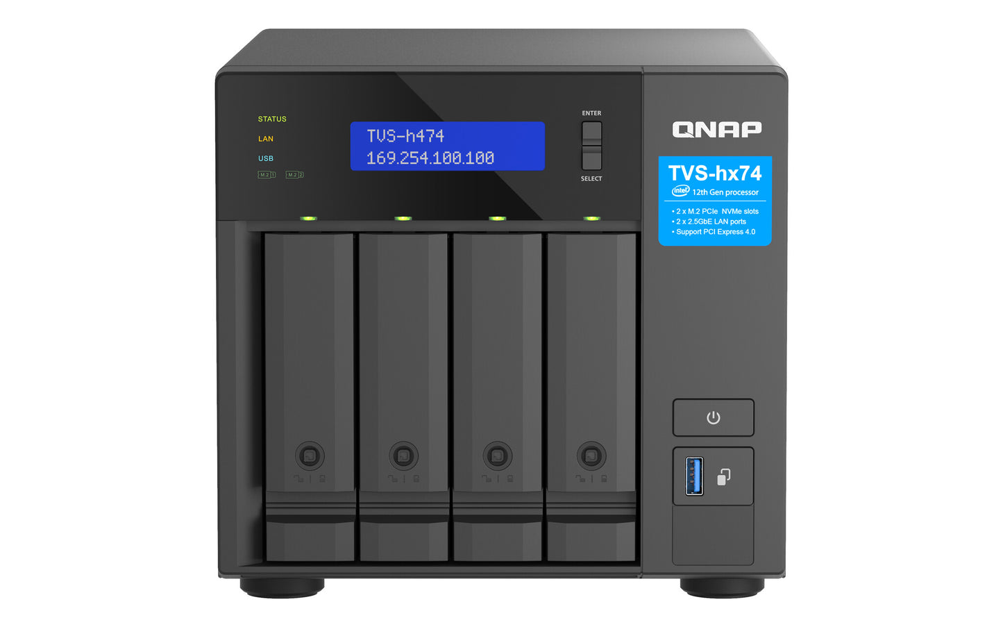QNAP TVS-H474 NAS Tower Intel® Pentium® G7400 8 GB DDR4 0 TB QuTS hero Black