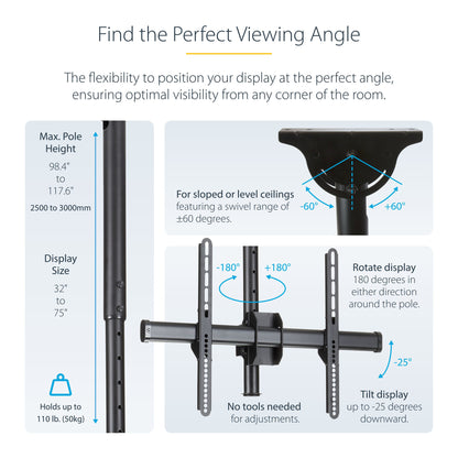 StarTech.com TV Ceiling Mount - Full-Motion Universal Hanging Single Screen Mount with Adjustable Telescopic Long Pole - Tilt / Swivel - VESA Bracket for 32”-75" Displays