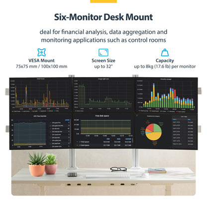 StarTech.com Six-Monitor Desk Mount with Crossbar, Up To 32-inch Computer Screens, Max 17.6lb (8kg) each, Dual Column, C-clamp/Grommet, Height Adjustable