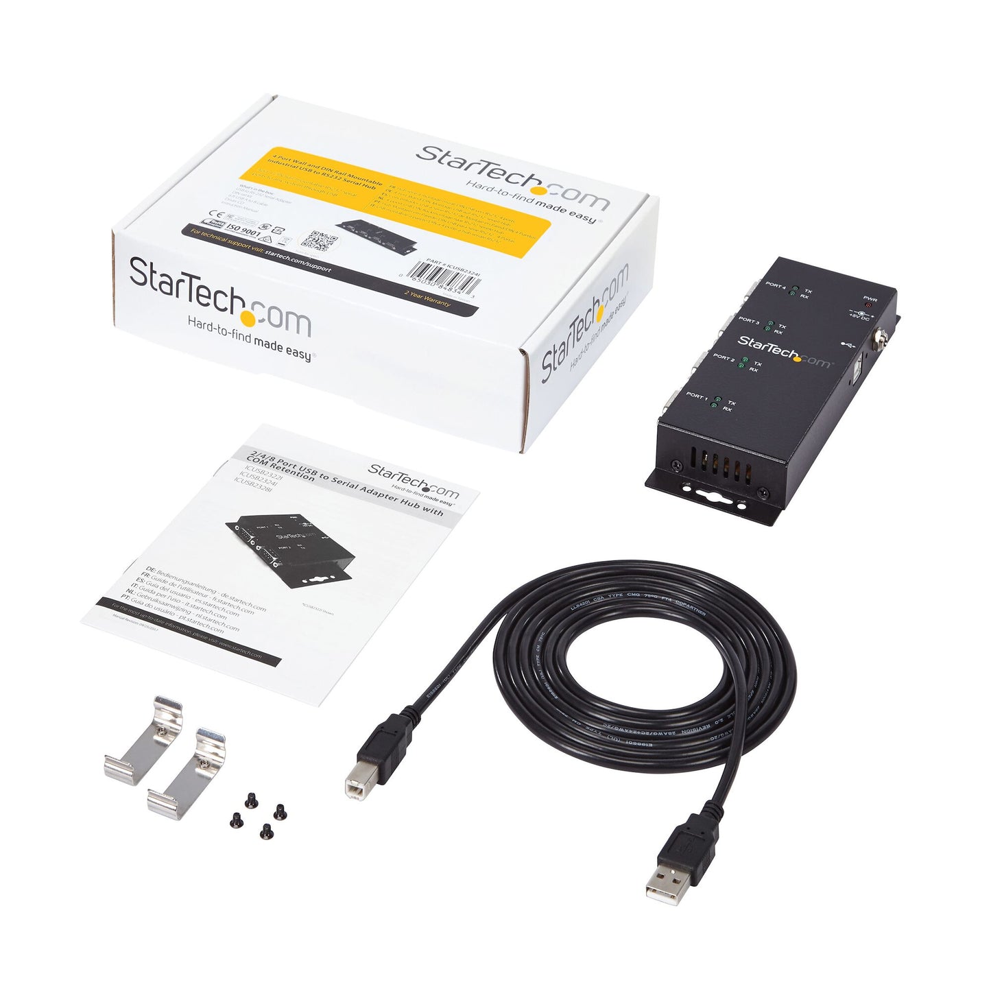 StarTech.com 4 Port USB to DB9 RS232 Serial Adapter Hub – Industrial DIN Rail and Wall Mountable