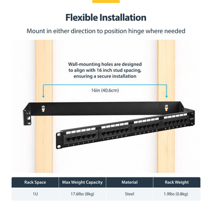 StarTech.com 1U Hinged Wall Mount Patch Panel Bracket - 6 inch Deep - 19" Patch Panel Swing Rack for Shallow Network Equipment- 17lbs