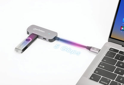 Manhattan USB-C Dock/Hub, Ports (x3): HDMI, USB-A and USB-C, With Power Delivery (100W) to USB-C Port (Note additional USB-C wall charger and USB-C cable needed), HDMI: 4k@60Hz, USB-A: 5 Gbps USB 3.2 Gen1 aka USB 3.0, Universal for all devices, Cable 11cm