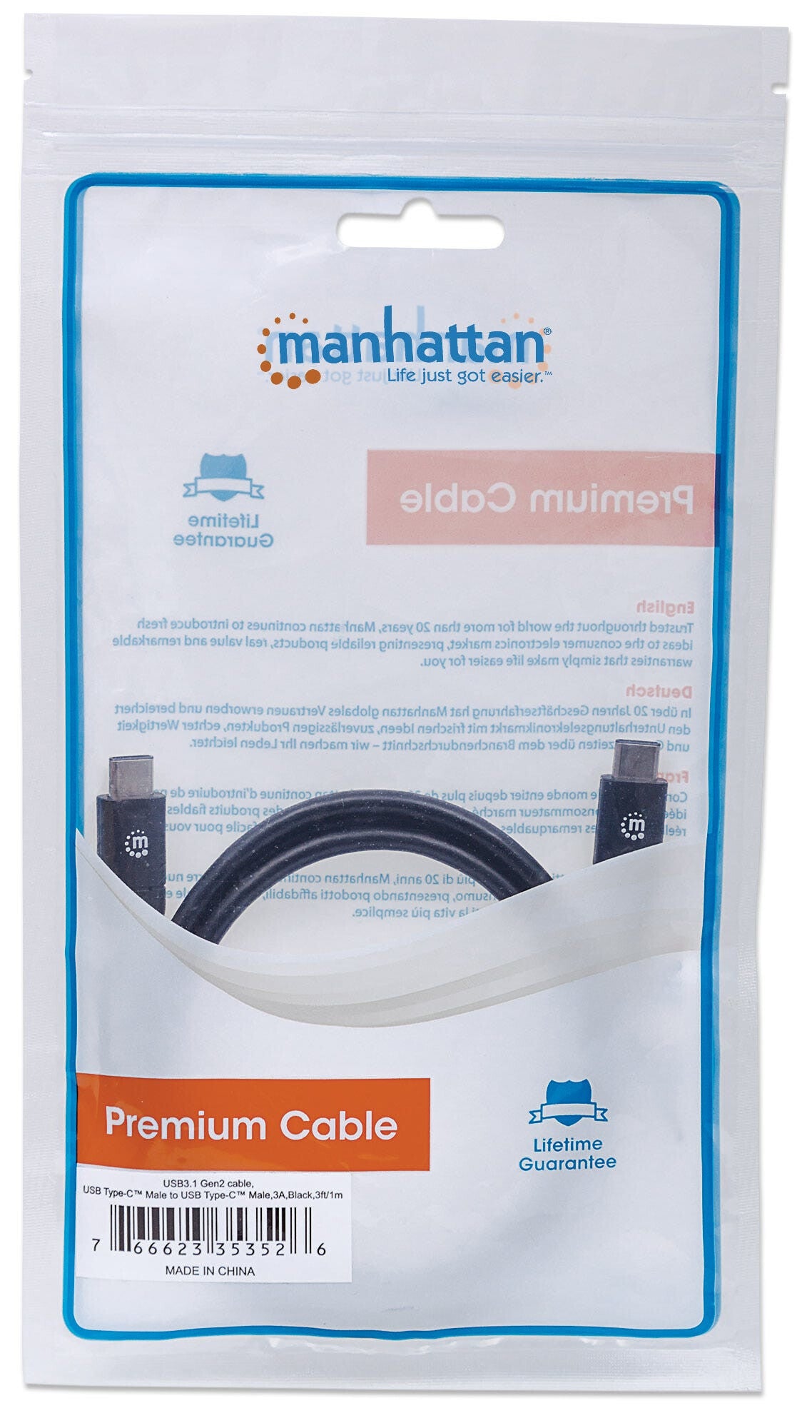 Manhattan USB-C to USB-C Cable, 1m, USB 3.2 Gen 2 (formerly USB 3.1 Gen 2), 10 Gbps, 3A Fast Charging, SuperSpeed+ USB, Black, Lifetime Warranty, Equivalent to USB31CC1M