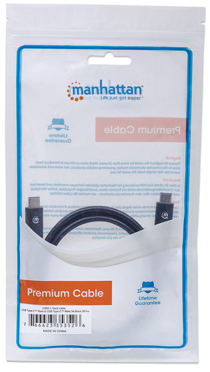 Manhattan USB-C to USB-C Cable, 1m, USB 3.2 Gen 2 (formerly USB 3.1 Gen 2), 10 Gbps, 3A Fast Charging, SuperSpeed+ USB, Black, Lifetime Warranty, Equivalent to USB31CC1M