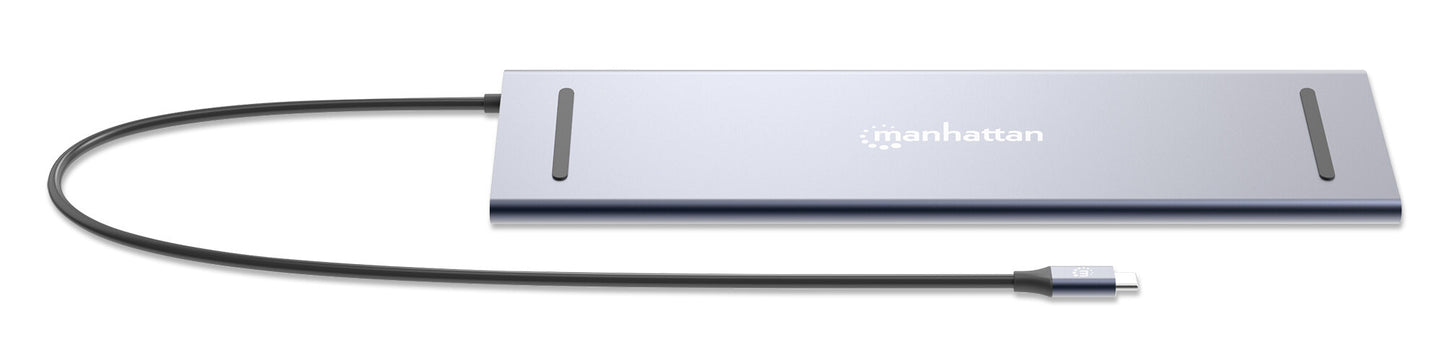 Manhattan USB-C Dock/Hub with Card Reader, Ports (x10): Audio 3.5mm, DisplayPort, Ethernet, HDMI (x2),USB-A (x3) and USB-C (x2),with PD 100W- requires external USB-C charger (not included). USB powered (no external power supply required) when PD is not in