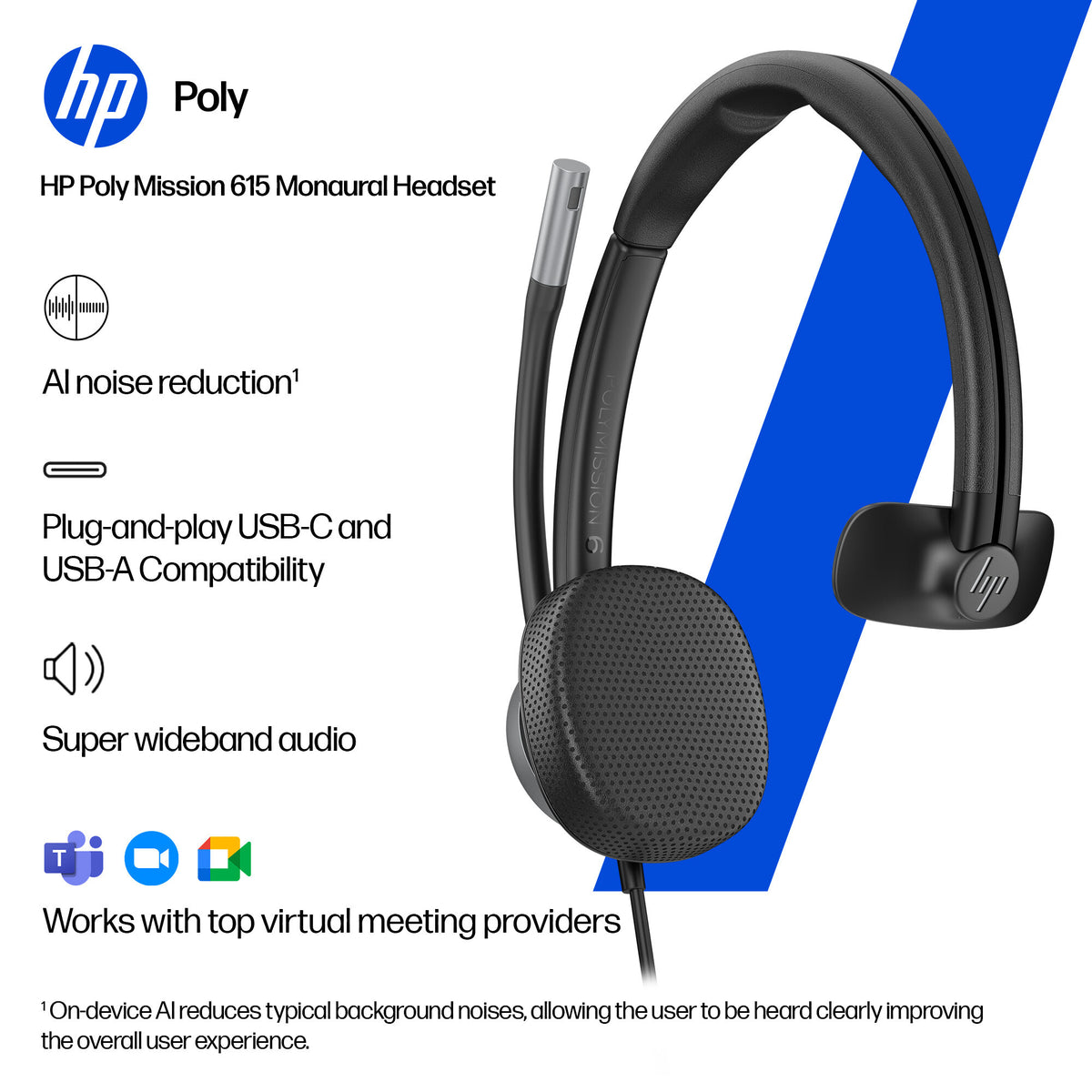 HP Poly Mission 615 Monaural USB Wired Headset (Bulk)