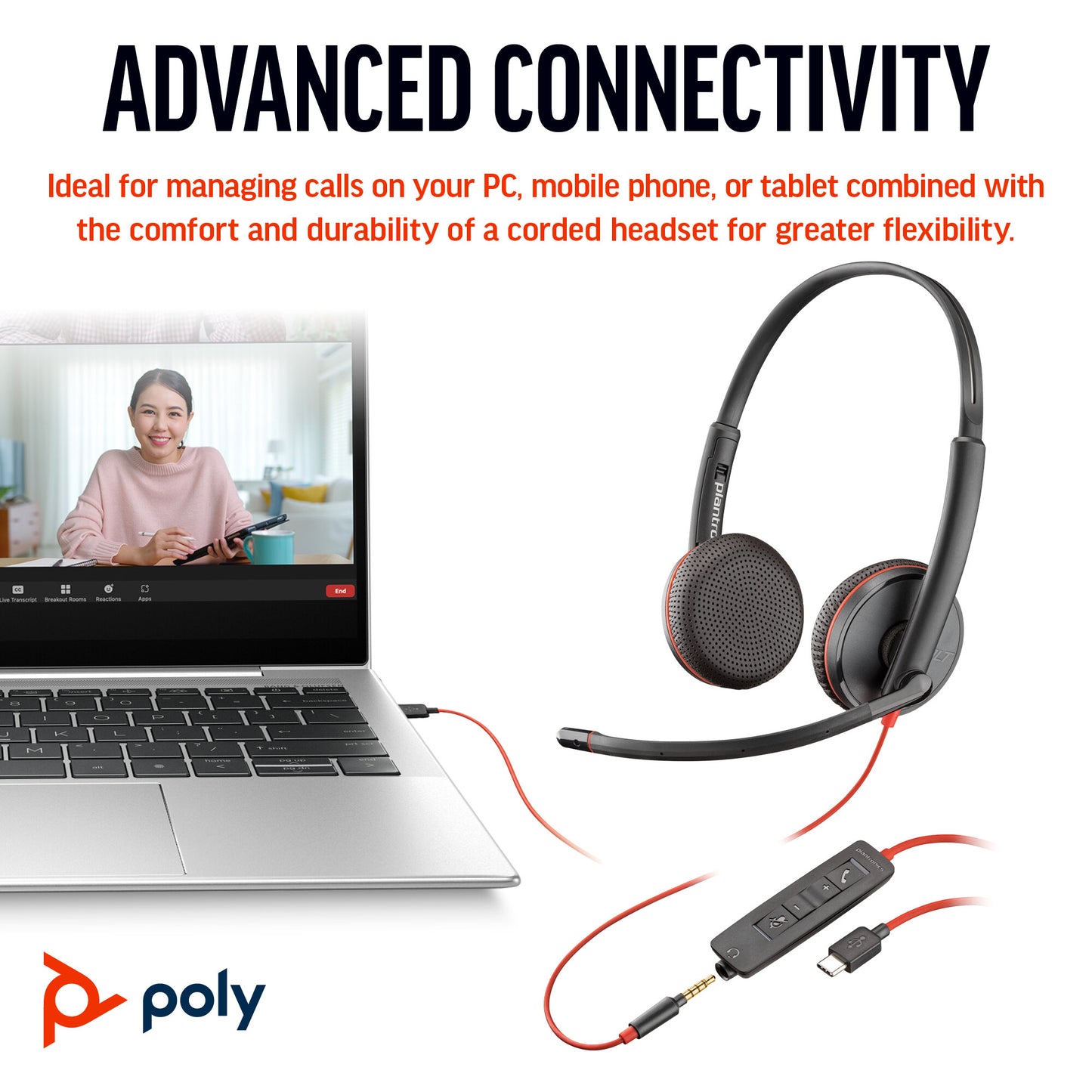 Poly Blackwire 3225 Stereo USB-C Headset +3.5mm Plug +USB-C/A Adapter
