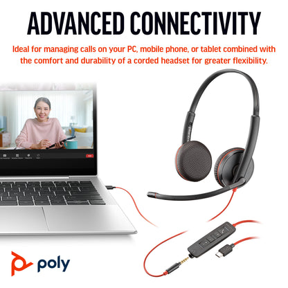 Poly Blackwire 3225 Stereo USB-C Headset +3.5mm Plug +USB-C/A Adapter