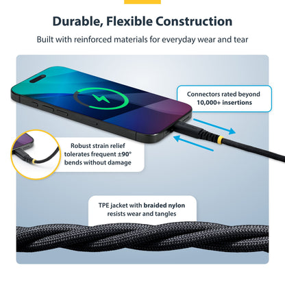 StarTech.com 2m (6ft) USB-C Charging Cable, 60W (3A) PD, Dual-Layer Braided Nylon/TPE Jacket, Rugged USB C Charging Cord, USB 2.0 Laptop Charger Cable