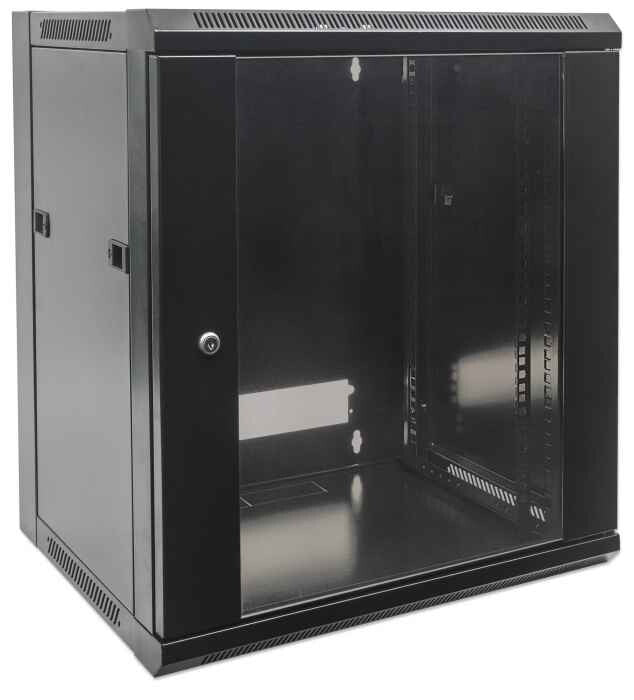Intellinet 19" Network Cabinet - Wall Mount (Standard), 15U, 600mm Deep, Black, Flatpack, Max 60kg, Metal & Glass Door, Back Panel, Removeable Sides, Suitable also for use on desk or floor, Usable Depth 410mm, Parts for wall installation not included