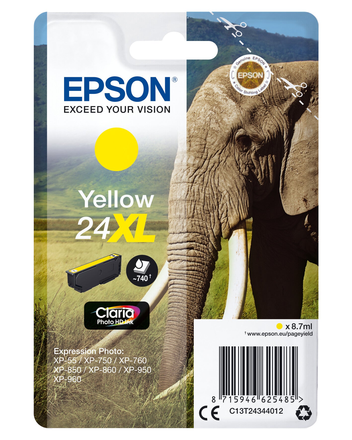 Epson Elephant Singlepack Yellow 24XL Claria Photo HD Ink