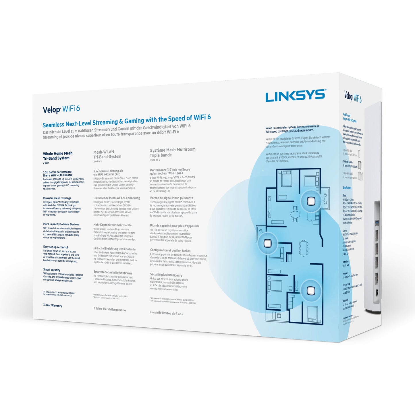 Linksys Velop Whole Home Intelligent Mesh WiFi 6 (AX4200) System, Tri-Band, 2-pack
