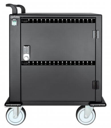 Manhattan Charging Cabinet/Cart via USB-C x32 Devices, Trolley, Power Delivery 18W per port (576W total), Suitable for iPads/other tablets/phones/smaller chromebooks, Bays 330x22x235mm, Device charging cables not included, Lockable (PIN code), EU & UK pow