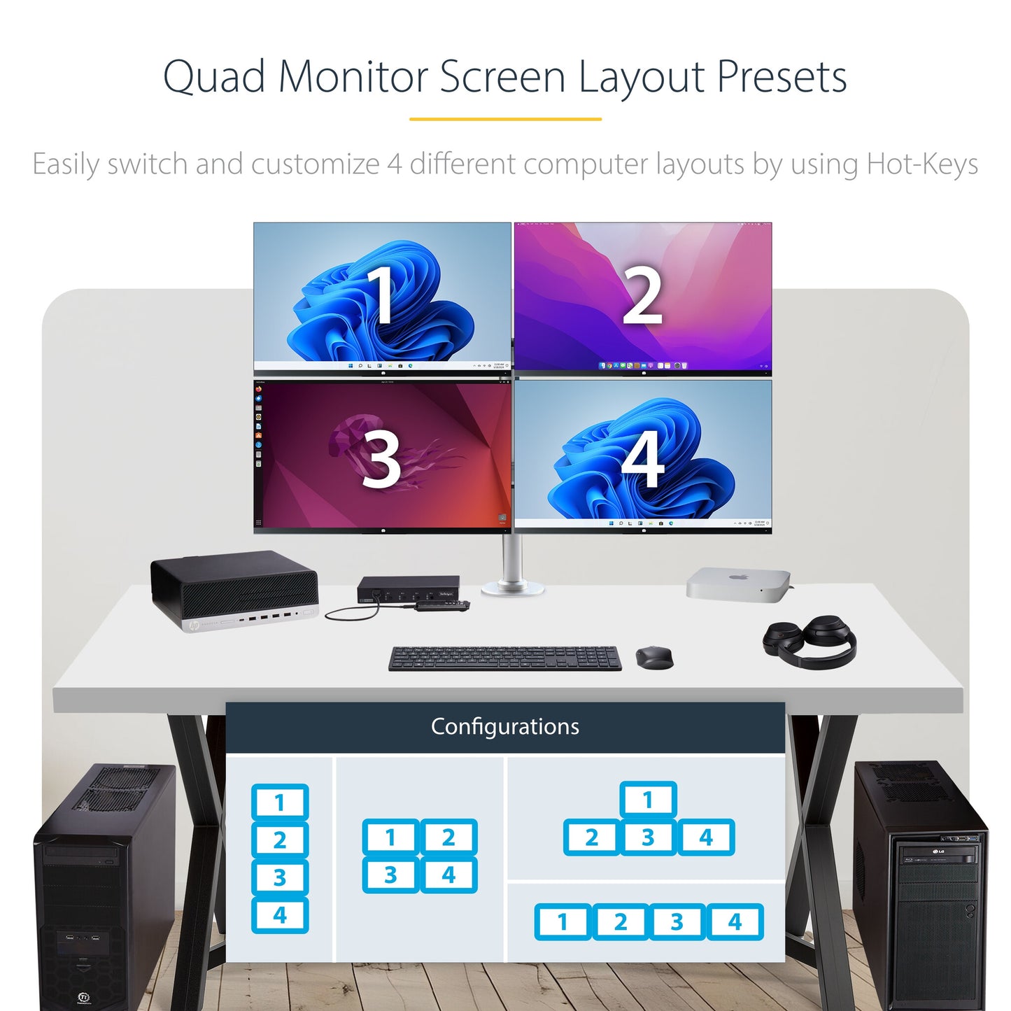 StarTech.com 4-Port KM Switch with Mouse Switching, USB Switch for Keyboard/Mouse, 3.5mm/USB Audio, Peripheral Sharing for 4 Computers, TAA Compliant