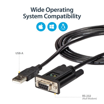 StarTech.com 6ft (1.8m) 1-Port USB to Serial RS232 Adapter, FTDI DB9 Serial DCE Adapter Cable, Null Modem, USB 2.0 - TAA