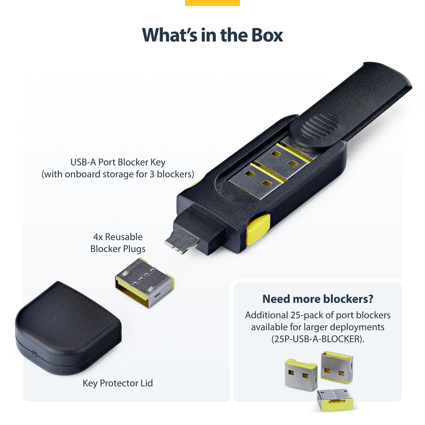 StarTech.com USB-A Port Blocker Key with 4x Latching USB-A Dust Cover Plugs, Snap-In Reusable Port Protectors for Laptops & Computers