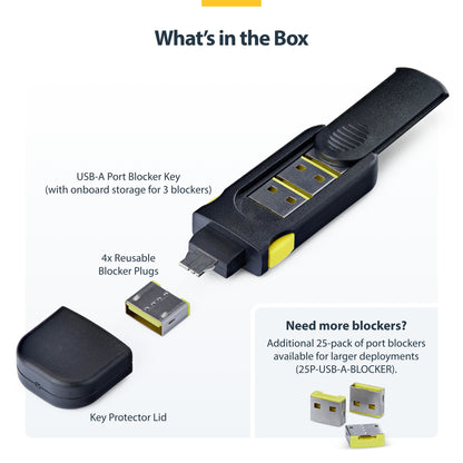 StarTech.com USB-A Port Blocker Key with 4x Latching USB-A Dust Cover Plugs, Snap-In Reusable Port Protectors for Laptops & Computers