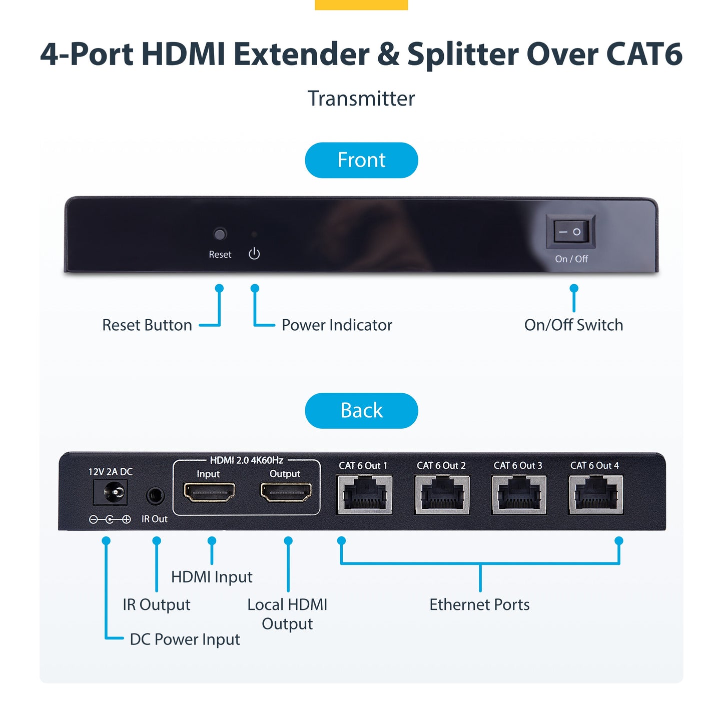 StarTech.com 4-Port HDMI Extender and Splitter Over CAT6, 4K 60Hz, Up to 230ft (70m), 1x4 HDMI over Ethernet Distribution Kit with IR and Power Over Cable