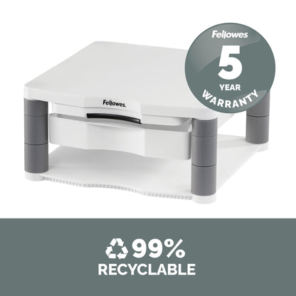 Fellowes Computer Monitor Stand with 3 Height Adjustments - Premium Monitor Riser Plus with Cable Management - Ergonomic Adjustable Monitor Stand for Computers - Max Weight 36KG/Max Size 21" - Platinum