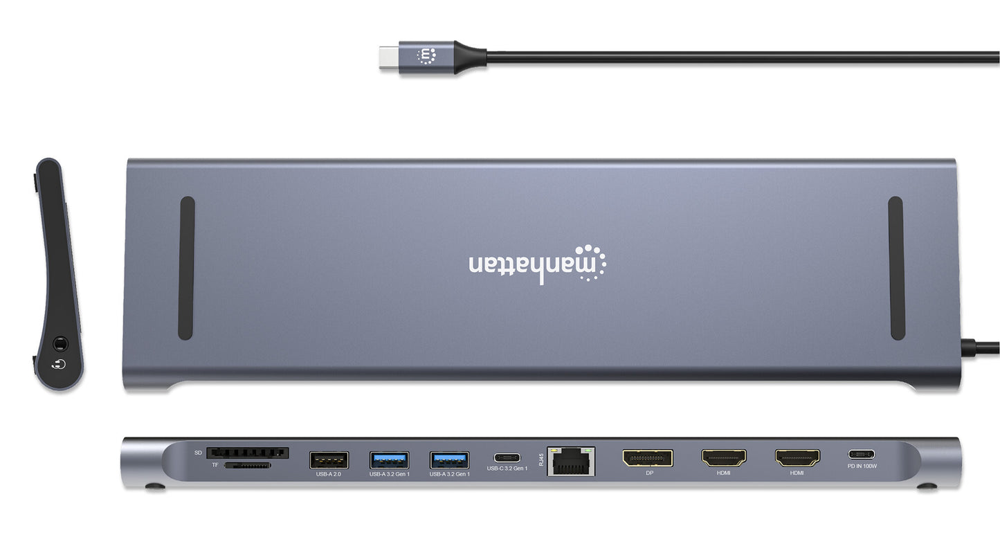 Manhattan USB-C Dock/Hub with Card Reader, Ports (x10): Audio 3.5mm, DisplayPort, Ethernet, HDMI (x2),USB-A (x3) and USB-C (x2),with PD 100W- requires external USB-C charger (not included). USB powered (no external power supply required) when PD is not in