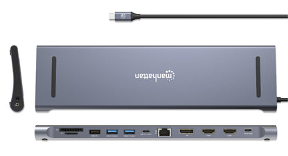 Manhattan USB-C Dock/Hub with Card Reader, Ports (x10): Audio 3.5mm, DisplayPort, Ethernet, HDMI (x2),USB-A (x3) and USB-C (x2),with PD 100W- requires external USB-C charger (not included). USB powered (no external power supply required) when PD is not in