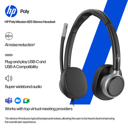 HP Poly Mission 625 Stereo USB Wired Headset