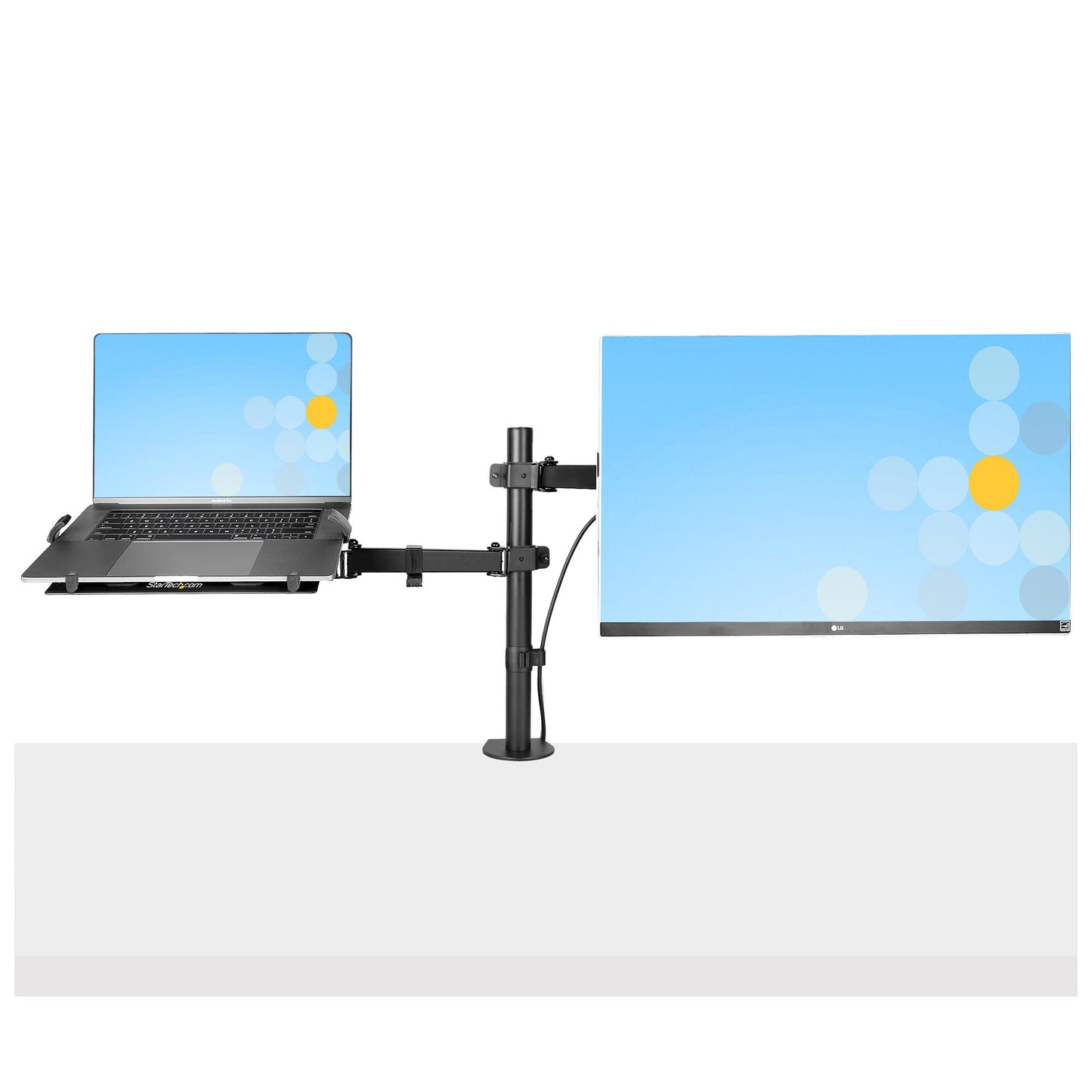 StarTech.com Monitor Arm with VESA Laptop Tray, For a Laptop (4.5kg/9.9lb) and a Single Display up to 32" (8kg/17.6lb), Black, Vented Tray, Adjustable Laptop Arm Mount, C-clamp/Grommet Mount