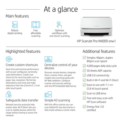 HP ScanJet Pro N4000 snw1 Sheet-fed scanner 600 x 600 DPI A4 Black, White