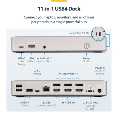StarTech.com Triple-Monitor USB4 Docking Station, 4K 60Hz HDMI or DisplayPort, 100W Laptop Charging, 2.5GbE, USB-C Multi-Monitor Dock, Driverless