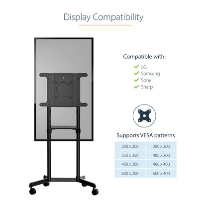 StarTech.com Mobile TV Cart - Portable Rolling TV Stand for 37-70" VESA Display (154lb/70kg) - TV Stand w/Shelf & Storage Compartment - Rotate/Tilt Display - Universal TV Mount on Wheels