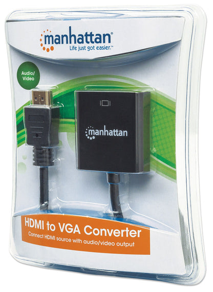 Manhattan HDMI to VGA (with Audio) Converter cable, 1080p, 30cm, Male to Female, Micro-USB Power Input Port for additional power if needed, Black, Three Year Warranty, Blister