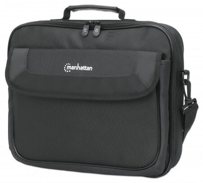 Manhattan Cambridge Laptop Bag 14.1", Clamshell Design, Black, LOW COST, Accessories Pocket, Document Compartment on Back, Shoulder Strap (removable), Equivalent to Targus CN313/CN414EU, Notebook Case, Three Year Warranty