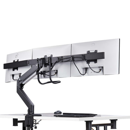 StarTech.com Crossbar Triple Monitor Desk Mount For Up To Three 27in Screens, VESA 75x75/100x100, Tool-Less Arm Adjustments, C-Clamp/Grommet, Spring-Assisted Arm