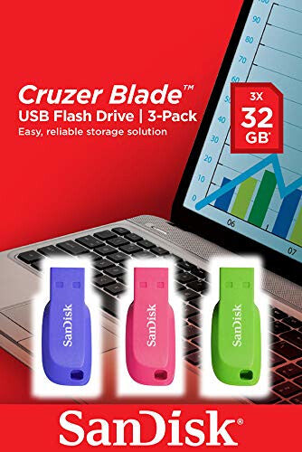 SanDisk Cruzer Blade 3x 32GB USB flash drive, blue, green and pink