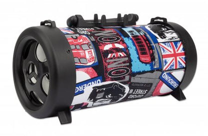 Manhattan London Bluetooth Speaker, Decent Sound Output (3W), 3 hour Playback time, FM Radio, Range 10m, microSD card reader (32GB), Aux 3.5mm connector, USB-A charging cable included, 1200mAH battery, Bluetooth v5, Three Years Warranty