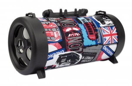 Manhattan London Bluetooth Speaker, Decent Sound Output (3W), 3 hour Playback time, FM Radio, Range 10m, microSD card reader (32GB), Aux 3.5mm connector, USB-A charging cable included, 1200mAH battery, Bluetooth v5, Three Years Warranty