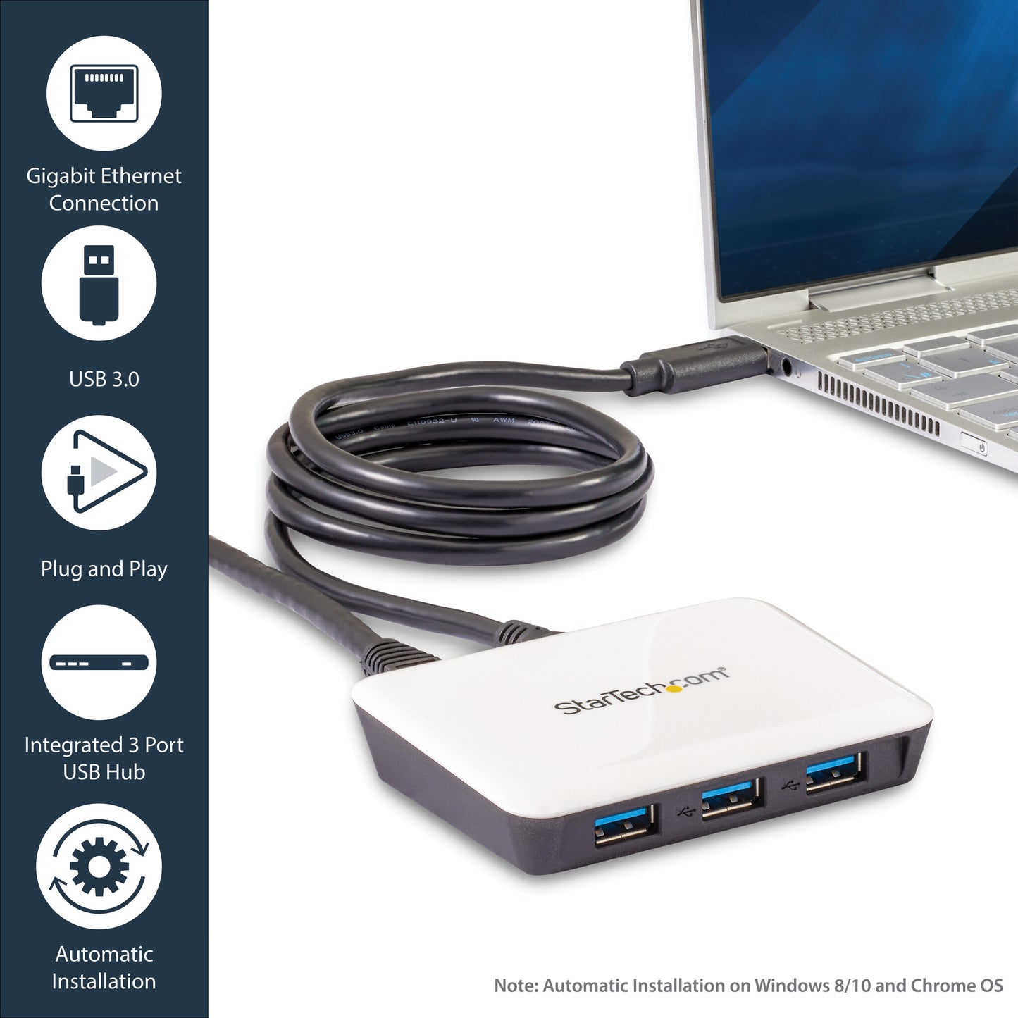 StarTech.com USB 3.0 to Gigabit Ethernet NIC Network Adapter with 3 Port Hub - White