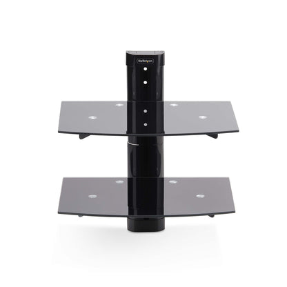 StarTech.com Dual Floating Wall-Mounted AV Shelves, Adjustable Height Shelf For Under TV, Organize A/V Equipment On Black Tempered Glass Shelves